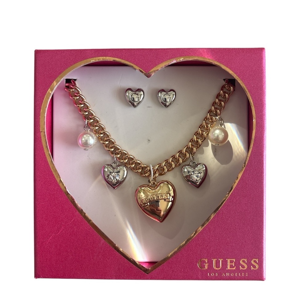 GUESS Gold toned and Silver Heart Charm Necklace and Silver Heart stud Set